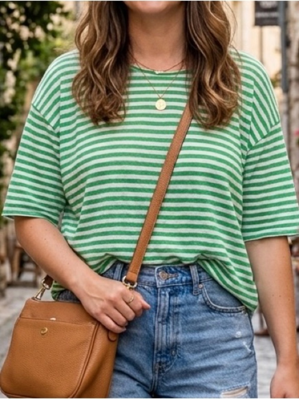 Velvet Heart Linen Blend Green and White Striped Oversized Short Sleeve T-shirt
